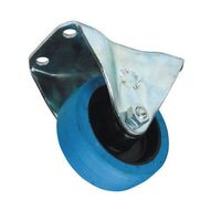 Nylon centre, blue rubber tyred wheel, plate fixing - fixed