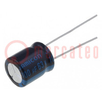Condensateur: électrolytique; 100uF; 63VDC; Ø10x12,5mm; Trame: 5mm