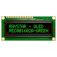 Display: OLED; alphanumeric; 16x2; Dim: 80x36x10mm; green; PIN: 16