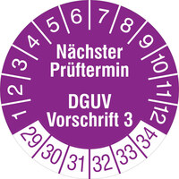 Prüfplakette, Nächster Prüftermin DGUV Vorschrift 3, 1000 Stk/Rolle, 3,0 cm, v/w, Folie Version: 2029 - Prüfjahre: 2029-2034