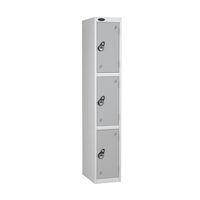 Probe keyless coloured lockers with combination lock, white body, 3 silver doors, 305mm depth