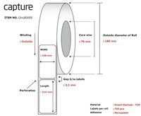 Label 148x210, Core 76, Diameter 180 mm. Thermal print. Top coated. Permanent. 750 labels per roll. 6 rolls per box.Printer Labels