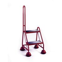 Mobile platform steps with cup feet - 2 tread with single handrail in red