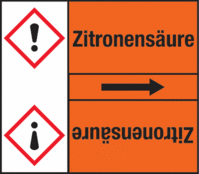 Rohrmarkierungsband mit Gefahrenpiktogramm - Zitronensäure, Orange, B-7541