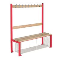 Childrens single sided cloakroom bench with shoe trays, red frame, 1200mm wide