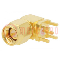 Plug; SMA; male; angled 90°; 50Ω; THT; for cable; PTFE; gold-plated