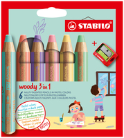 STABILO woody 3 in 1, multitalent kleurpotlood, etui met 6 kleuren incl. puntenslijper