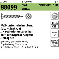 ART 88099 SPAX St. 4,5 x 55/44 -Z WIROX, SEKO mit Innenloch gal Zn VE=S