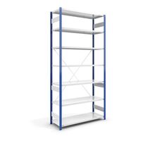 Boltless storage shelving unit, uprights in blue