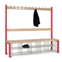 Childrens single sided cloakroom bench with 8 shoe baskets, red frame, 1200mm wide