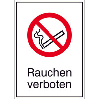 Verbots-Kombischild, Rauchen verboten, Folie, Größe: 10,5 x 14,8 cm DIN EN ISO 7010 P002 + Zusatztext ASR A1.3 P002 + Zusatztext