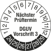 Prüfplakette, Nächster Prüftermin DGUV Vorschrift 3, 1000 Stk/Rolle, 3,0 cm, w/sch, Folie Version: 2024 - Prüfjahre: 2024-2029