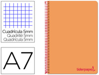 CUADERNO ESPIRAL LIDERPAPEL A7 MICRO WONDER TAPA PLASTICO 100H 90 GR CUADRO 5MM 4 BANDAS COLOR NARANJA