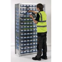 Galvanised shelving including shelf bins Starter and add on bays - 14 shelves - 56 bins