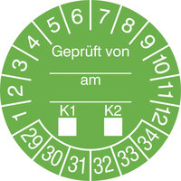Prüfplaketten - Geprüft von...am...K1-K2, in Jahresfarbe, 15 Stk/Bogen, selbstkl.,3,0 cm Version: 29-34 - Prüfplakette - Geprüft gemäß VDE 29-34