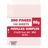 Sachet de 200 pages copies simples grand format A4 grands carreaux Seyès 90g perforées