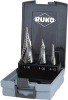 RUKO 101026RO Fokozatfúró készlet 3 részes 4 - 12 mm, 4 - 20 mm, 4 - 30 mm HSS 3 oldalú szár 1 készlet