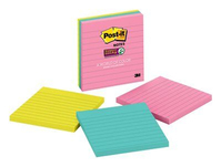 Post-It Super Sticky Notes, 4 in. x 4 in., Miami collection, 3 Pads/Pack, 70 Sheets/Pad, Lined