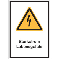 Warnzeichen Kombischild "Starkstrom Lebensgefahr" [W012], Folie (0,1 mm), 210 x 297 mm, ASR A1.3 / ISO 7010, selbstklebend