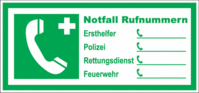 Notfall- und Notruf-Hinweisschild - Grün, 7 x 15 cm, Kunststoff, Kaschiert