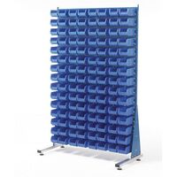 Single-sided louvre panel racks, with 120 blue bins