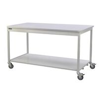 Mailroom bench with open storage, with lower shelf - mobile - H x W x D: 840 x 1830 x 900mm
