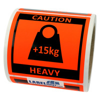Versandaufkleber - Achtung! Schwer! Gewicht über 15 kg Caution Heavy - 100 x 100 mm, 250 Warnetiketten, Papier rot