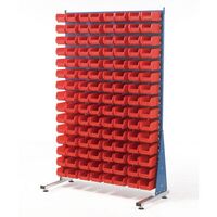 Single-sided louvre panel racks, with 40 red bins