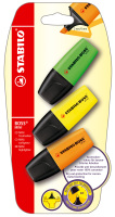 Textmarker STABILO® BOSS® MINI. Kappenmodell, Farbe des Schaftes: in Schreibfarbe, Farbe: Gelb, grün, orange. Ausführung des Inhalts mit Packung: Blisterkarte mit 3 Stiften