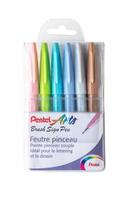 PENTEL Pochette Pastel de 6 Feutres pinceau Brush Sign Pen. Pointe souple résistante, Encre aquarellable