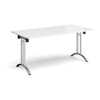 Rectangular folding leg table with chrome legs and curved foot rails 1600mm x 80mm - white