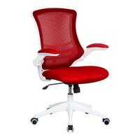 Medium height mesh back office chair with fold up arms and white frame, red mesh