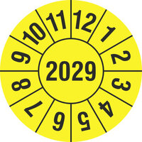 Prüfplakette, Jahresplakette mit 4-stelliger Jahreszahl, 1000 Stk/Rolle, 3,0 cm Version: 2029 - Prüfjahr: 29, gelb/schwarz