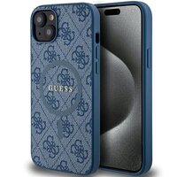 1_Guess 4G Collection MagSafe-Hülle aus Leder und Metalllogo für iPhone 15 Plus / 14 Plus – Blau