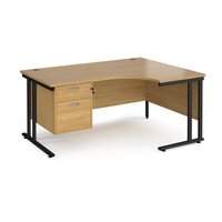 Maestro 25 right hand ergonomic desk 1600mm wide with 2 drawer pedestal - black cantilever leg frame, oak top