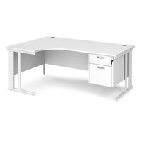 Maestro 25 left hand ergonomic desk 1800mm wide with 2 drawer pedestal - white cable managed leg frame, white top