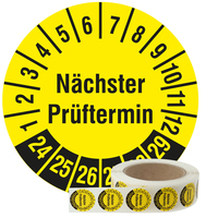 Prüfplaketten 30 mm, Nächster Prüftermin, 2024-2029, Polyethylen schwarz-gelb, 1.000 Prüfetiketten auf Rolle