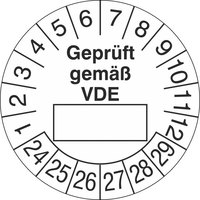 Prüfplaketten - Geprüft gemäß VDE, 15 Stück/Bogen, selbstklebend, 3,0 cm Version: 24-29 - Prüfplakette - Geprüft gemäß VDE 24-29