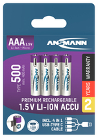 Batería Ansmann USB-C Micro/AAA/LR3 Li-ion 1,5 V 500 mAh, paquete de 4, incluido cable de carga