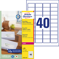 Recycling Adress-Etiketten, A4, 45,7 x 25,4 mm, 100 Bogen/4.000 Etiketten, naturweiß