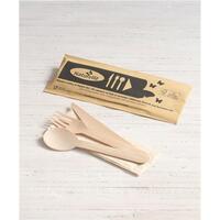Kraft Wrapped Meal Pack 1x Wooden Knife, Fork, Spoon, Napkin - Pack 250