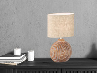 LED Tischlampe mit Keramikfuß Holzfarben & Lampenschirm Leinen Beige, Höhe 39cm