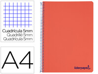 Cuaderno espiral liderpapel a4 micro wonder tapa plastico 120h 90 gr cuadro 5 mm 5 bandas 4 taladros color rojo