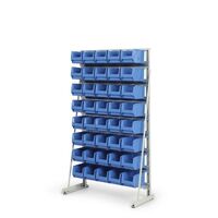 Free-standing small parts shelf unit with open fronted storage bins