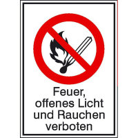 Verbots-Kombischild Feuer, offenes Licht, Rauchen verboten, Alu, 26,20x37,10 cm DIN EN ISO 7010 P003 + Zusatztext ASR A1.3 P003 + Zusatztext