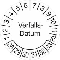 Prüfplaketten Verfalls-Datum, 15 Stück/Bogen, selbstklebend, 3,0 cm Version: 28-33 - Verfallsdatum 28-33