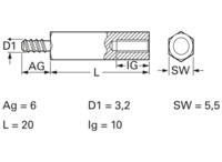 Sechskant-Abstandsbolzen, Außen-/Innengewinde, M3, 20 mm, Stahl