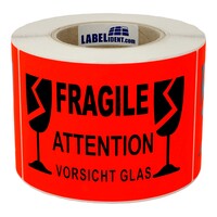 Versandaufkleber - Warnung Bruchgefahr Fragile/Attention/Vorsicht Glas - 210 x 148 mm, 500 Warnetiketten, Papier rot