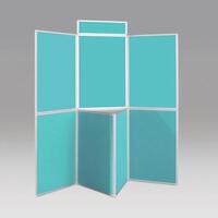 Aluminium framed, large panel, folding display panel kit - 7 panel and table top, cyan