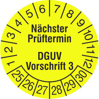 Prüfplakette, Nächster Prüftermin DGUV Vorschrift 3, 1000 Stk/Rolle, 3,0 cm Version: 2025 - Prüfjahre: 2025-2030, leuchtgelb/schwarz